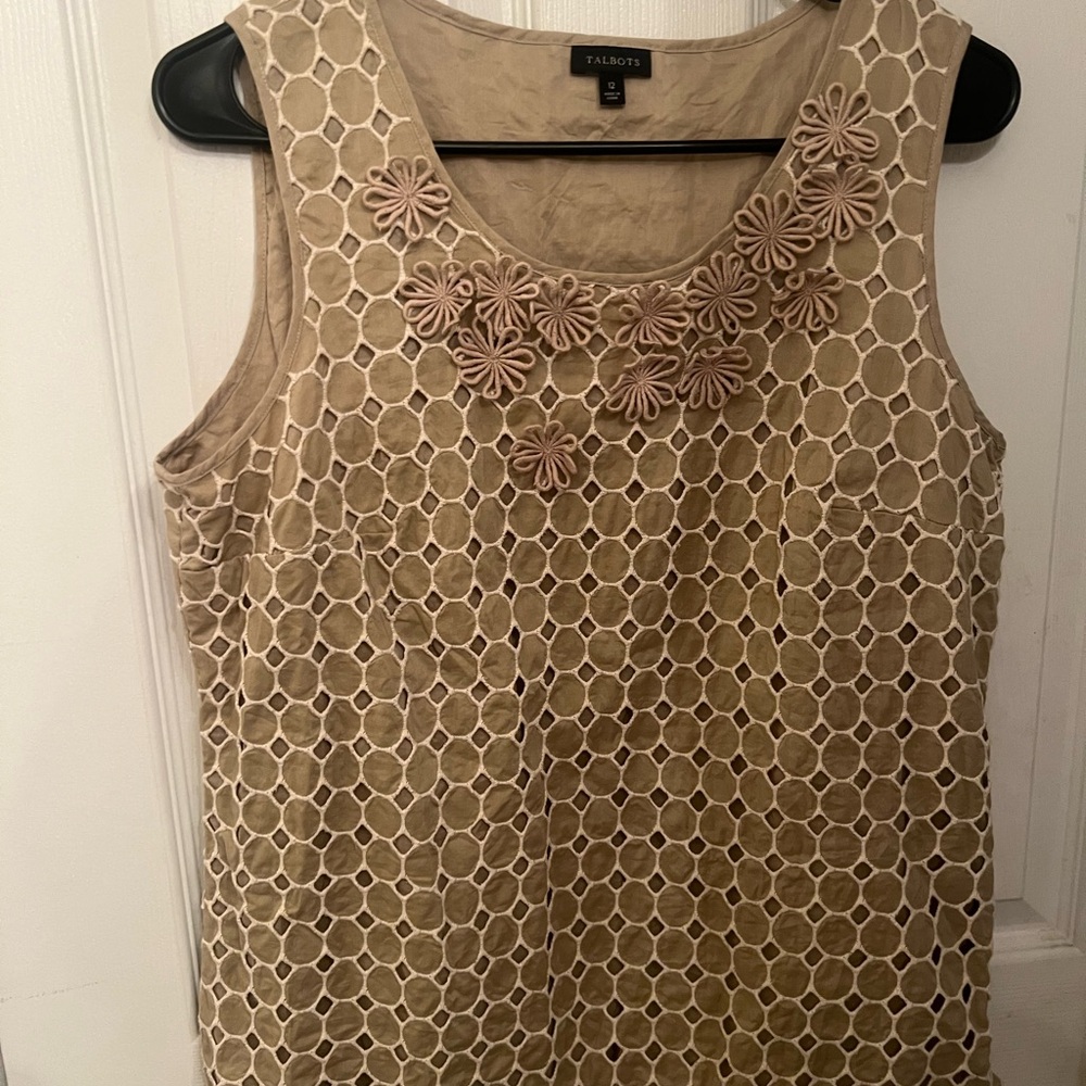 Talbots Tan Sleeveless Blouse with Floral Details